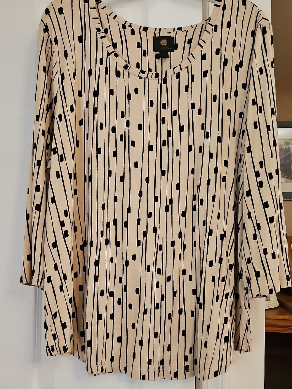 JM Collection Beige Blouse with Black Dot & Stripe Print